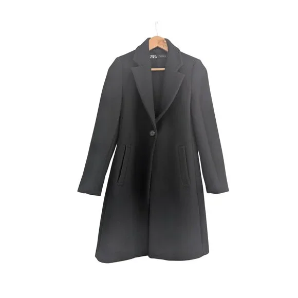 Zara Wool Blend Black Coat XS Tailored Longline Minimal Classic Jacket - Picture 3 of 7